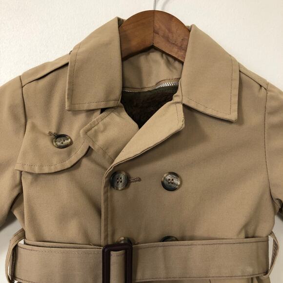 VTG Toddler Tan Khaki Trench Coat Tag 2 Fit 18-24M Zip Out Fur Lining Classic - Picture 5 of 11